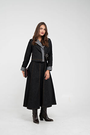 Kontrast Detaylı Kısa Ceket & Uzun Elbise İkili Kadın Takım 9003