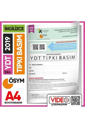 2019 Yks Ydt Ingilizce Ösym Çıkmış Soru Tıpkı Basım Deneme Kitapçığı (VİDEO ÇÖZÜMLÜ TÜRKİYE GENELİ)
