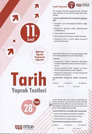 Nitelik Yayınları 11. Sınıf Tarih Yaprak Test