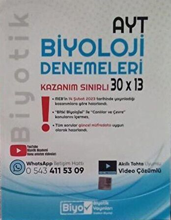 AYT Biyoloji Biyotik Kazanım Sınırlı 30 x 13 Denemeleri Biyotik Yayınları