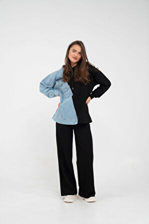 Kapüşonlu Denim Detaylı İkili Takım K1741