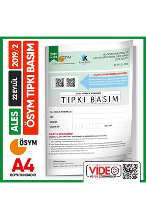 Ales 2019/2 Eylül Ösym Tıpkı Basım Çıkmış Soru Deneme Kitapçığı Video/pdf Çözümlü Türkiye Geneli