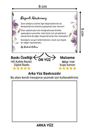 Müşteri Deneyimi ve Yorum İçin Teşekkür Kartı 100 adet 8 cmx5 cm Yüksek Kaliteli 300 gr Mat Kuşe