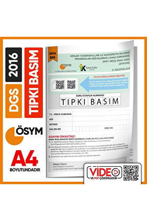 DGS 2016 ÖSYM Tıpkı Basım Çıkmış Soru Deneme Kitapçığı Yeni Baskı Türkiye Geneli Dijital Çözümlü