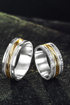 Erkek Kadın Gümüş Alyans - Altın Renk Geçişli İşlemeli Erkek Kadın Yüzük