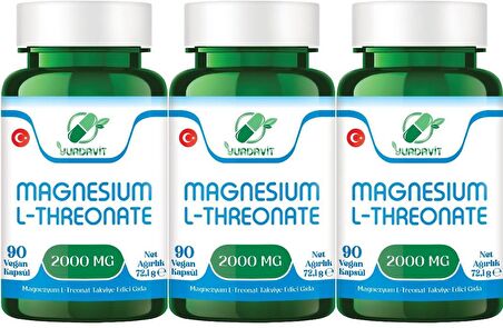 Yurdavit Magnesium L-Threonate 2000 Mg 3x90 Vegan Kapsül Magnezyum 159 Mg Magnezyum L-Treonat