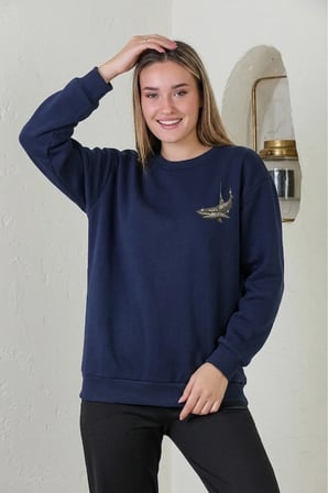 Unisex Köpek Balığı Baskılı Bisiklet Yaka Sweatshirt