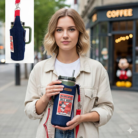 Woodycord El Yapımı Mickey Mouse Kot Matara Termos Kılıfı Kulplu Model Quencher Pipetli 1,18
