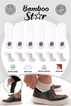 Bambu Erkek Sneaker Beyaz Çorap Dikişsiz Görünmez Bilekte Görünmez Spor Çorap Premium 6'lı Paket