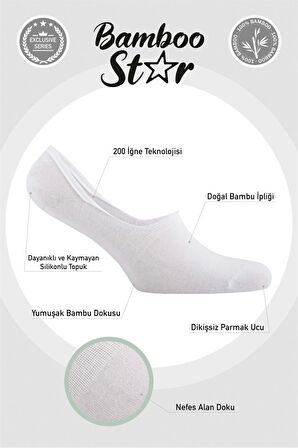 Bambu Erkek Babet Beyaz Çorap Dikişsiz Görünmez Kaydırman Topuk Silikonlu Premium 6'lı Beyaz Paket