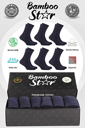 Bambu Erkek Soket Uzun Düz Lacivert Dikişsiz 6'lı Premium Kutulu Çorap