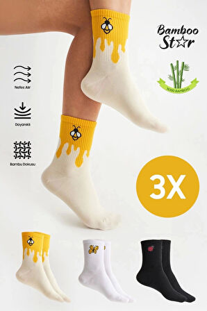 Bambu Kadın Dikişsiz (Arı-Kelebek-Uğur Böcek) Desenli Tenis Soket Premium Çorap 3Lü