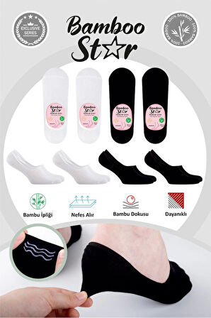 Bambu Kadın Babet Siyah - Beyaz Çorap Dikişsiz Görünmez Kaydırmaz Topuk Silikonlu 4'lü Paket