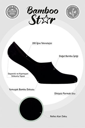Bambu Kadın Babet Siyah - Beyaz Çorap Dikişsiz Görünmez Kaydırmaz Topuk Silikonlu 4'lü Paket