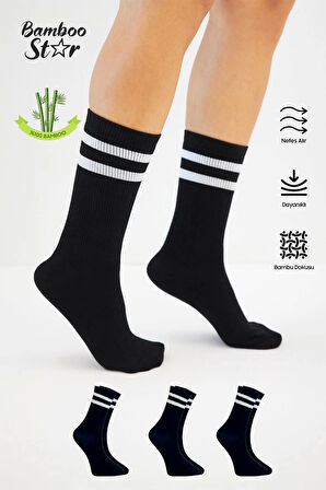 Bambu Tenis Çizgili Premium Kolej Çorabı Unisex Siyah Dikişsiz Soket Çorap 3'lü Paket