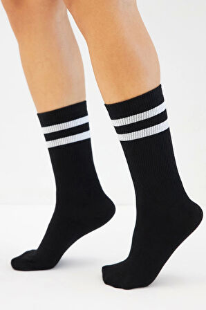 Bambu Tenis Çizgili Premium Kolej Çorabı Unisex Siyah Dikişsiz Soket Çorap 3'lü Paket
