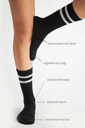Bambu Kadın Siyah Kaydırmaz Taban Silikon Baskı Yoga Fitness Pilates Bale Dans Tenis Çorabı 3'lü