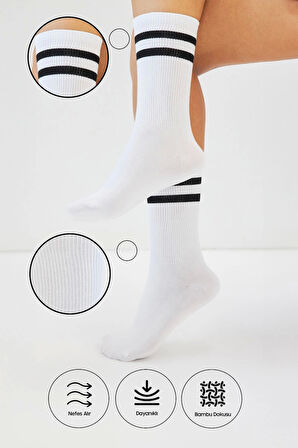 Bambu Tenis Çizgili Premium  Kolej Çorabı Unisex Beyaz Dikişsiz Soket Çorap 3'lü Paket