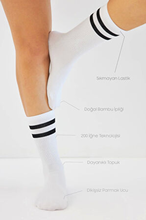 Bambu Tenis Çizgili Premium  Kolej Çorabı Unisex Beyaz Dikişsiz Soket Çorap 3'lü Paket