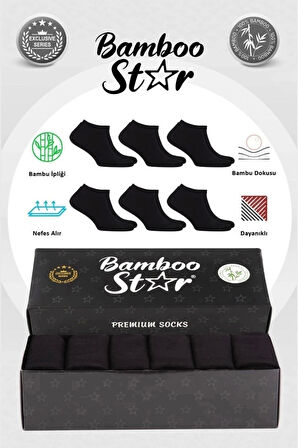 Bambu Erkek Patik Düz Siyah Çorap Dikişsiz Premium Kutulu 6'lı