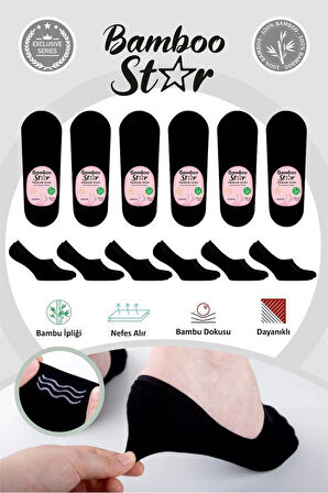 Bambu Kadın Babet Siyah Çorap Dikişsiz Görünmez Kaydırmaz Topuk Silikonlu Premium 6'lı Siyah Paket
