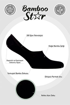 Bambu Kadın Babet Siyah Çorap Dikişsiz Görünmez Kaydırmaz Topuk Silikonlu Premium 6'lı Siyah Paket