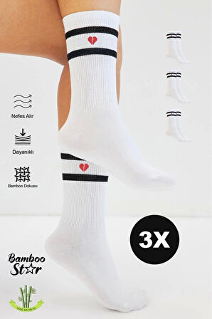 Bambu Kadın Kalp Desenli Tenis Çizgili Premium Kolej Çorabı Beyaz Dikişsiz Soket Çorap 3'lü Paket