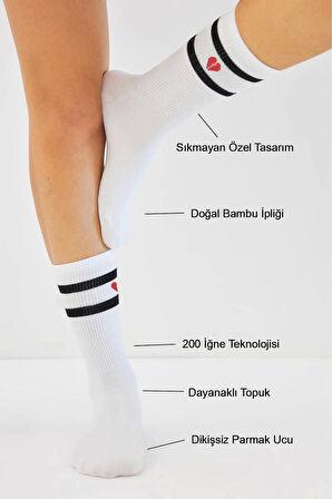 Bambu Kadın Kalp Desenli Tenis Çizgili Premium Kolej Çorabı Beyaz Dikişsiz Soket Çorap 3'lü Paket