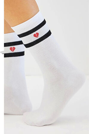 Bambu Kadın Kalp Desenli Tenis Çizgili Premium Kolej Çorabı Beyaz Dikişsiz Soket Çorap 3'lü Paket