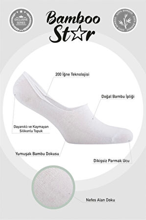 Bambu Kadın Babet Beyaz Çorap Dikişsiz Görünmez Kaydırmaz Topuk Silikonlu Premium 6'lı Beyaz Paket