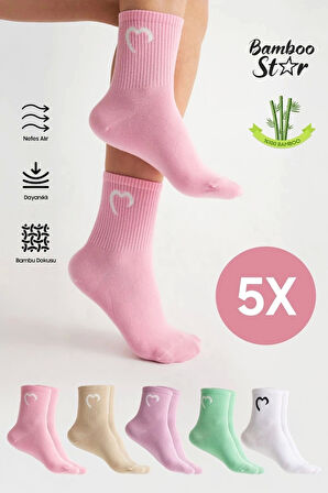 Bambu Kadın Kalp Desenli Uzun Soket Dikişsiz Premium Tenis Çorap 5 Li Paket