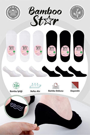 Bambu Kadın Babet Beyaz - Siyah Çorap Dikişsiz Görünmez Kaydırmaz Topuk Silikonlu 6'lı Paket
