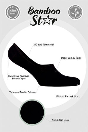 Bambu Erkek Babet Siyah Çorap Dikişsiz Görünmez Kaydırman Topuk Silikonlu Premium 6'lı Siyah Paket