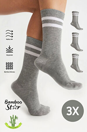 Bambu Tenis Çizgili Premium  Kolej Çorabı Unisex Gri Dikişsiz Soket Çorap 3'lü Paket