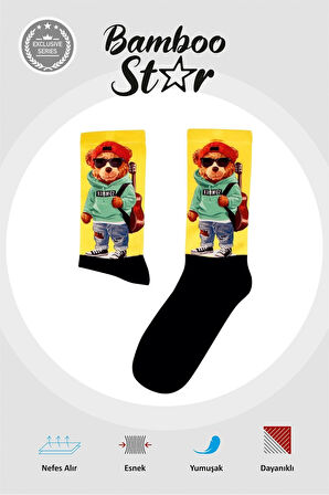 Gitarist Cool Ayı Çorap Dijital Baskılı Unisex Dijital Baskılı Çorap