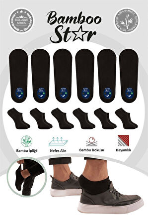 Bambu Erkek Sneaker Siyah Çorap Dikişsiz Görünmez Bilekte Görünmez Spor Çorap Premium 6'lı Paket
