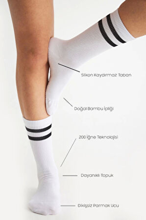 Bambu Kadın Beyaz Kaydırmaz Taban Silikon Baskı Yoga Fitness Pilates Bale Dans Tenis Çorabı
