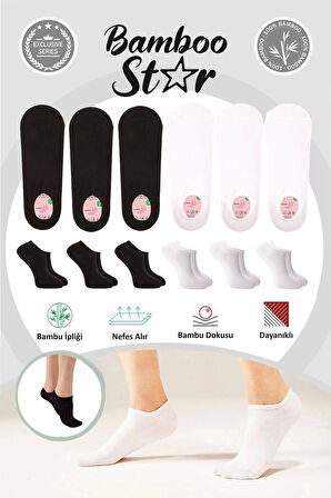 Bambu Kadın Sneaker 3 Siyah - 3 Beyaz Çorap Dikişsiz Bilekte Görünmez Spor Çorap Premium 6'lı Paket