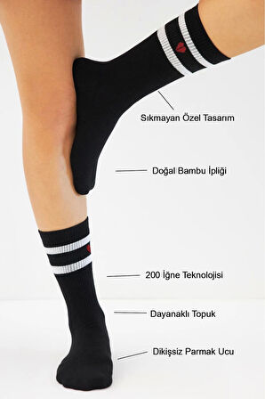 Bambu Kadın Kalp Desenli Tenis Çizgili Premium Kolej Çorabı Siyah Dikişsiz Soket Çorap 3'lü Paket