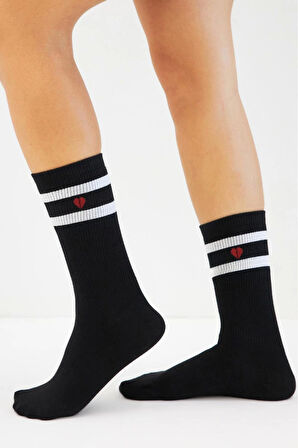 Bambu Kadın Kalp Desenli Tenis Çizgili Premium Kolej Çorabı Siyah Dikişsiz Soket Çorap 3'lü Paket