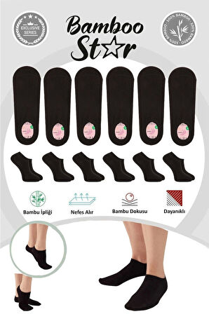 Bambu Kadın Sneaker Siyah Çorap Dikişsiz Görünmez Bilekte Görünmez Spor Çorap Premium 6'lı Paket