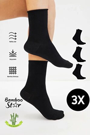 Bambu Kadın Lastiksiz Siyah Soket Dikişsiz Premium Çorap 3'lü Paket / Sıkmayan Çorap / İz Bırakmaz