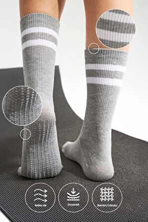 Bambu Kadın Kaydırmaz Taban Silikon Baskı Yoga Fitness Pilates Bale Dans Kaymaz Tenis Çorabı 3'lü