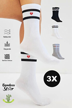 Bambu Kadın Kalp Desenli Tenis Çizgili Premium Kolej Çorabı Asorti Dikişsiz Soket Çorap 3'lü Paket