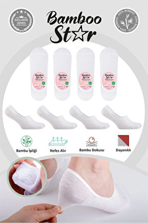 Bambu Kadın Babet Beyaz Çorap Dikişsiz Görünmez Kaydırmaz Topuk Silikonlu Premium 4'lü Beyaz Paket