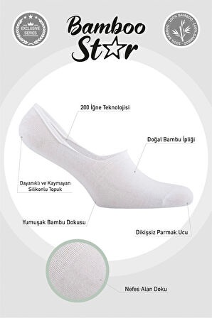 Bambu Kadın Babet Beyaz Çorap Dikişsiz Görünmez Kaydırmaz Topuk Silikonlu Premium 4'lü Beyaz Paket