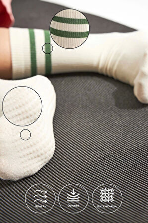 Bambu Kadın Ekru Kaydırmaz Taban Silikon Baskı Yoga Fitness Pilates Bale Dans Tenis Çorabı