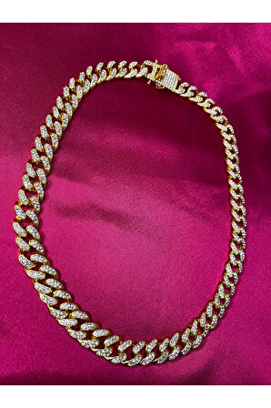 Cuban Chain Gold Colour Zirkon Taş Işleme Standart Beden Zincir Kolye