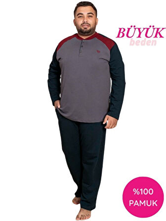 Erkek Büyük Battal Beden Desenli 3 Düğmeli %100 Pamuk Mevsimlik Uzun Kol Cepli Pijama Takımı