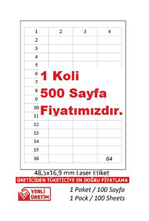 PİA Lazer Etiket tw-2564 500 A4 Sayfa Lazer Etiket  48,5 x 16,9 mm Boyutunda 1 A4 Sayfada 64 Etiket